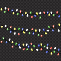 Image with Christmas lights isolated on transparent background. Vector illustration of glowing lights for Xmas holiday. Set of Christmas decorations. Set of color garlands. Realistic design elements.