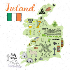 Ireland Sketch Doodles. Hand Drawn Irish Elements Set with flag and map of Ireland, Celtic Cross, Castle, Shamrock, Celtic Harp, Mill and Sheep, Whiskey Bottles and Irish Beer, Vector Illustration