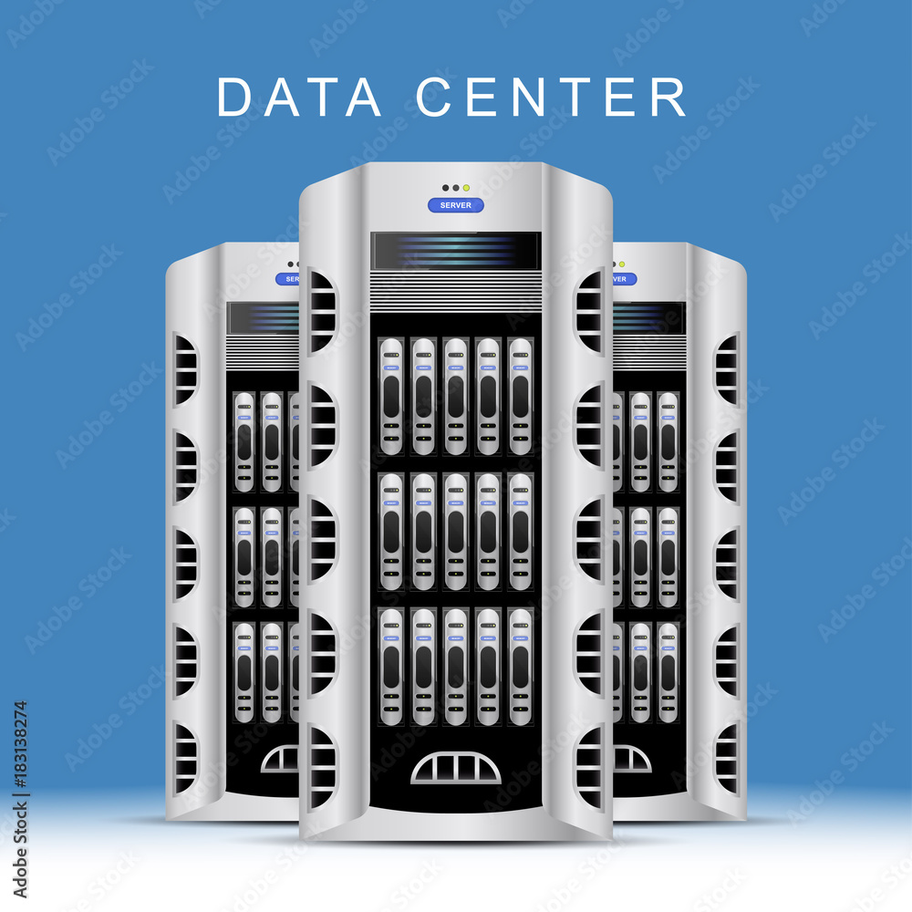 Poster servers data center on blue background. cloud computing concept vector. flat vector illustration eps