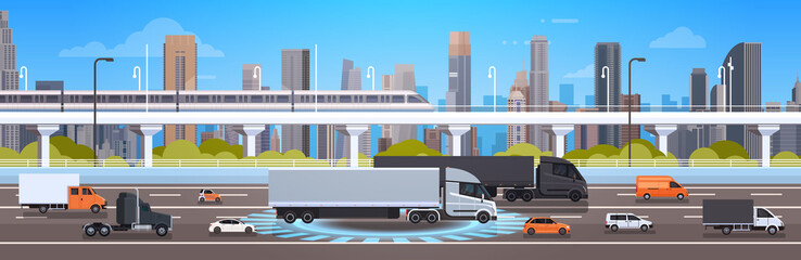 Modern Highway Road With Cars, Lorry And Cargo Trucks Over City Background Traffic Concept Flat Vector Illustration