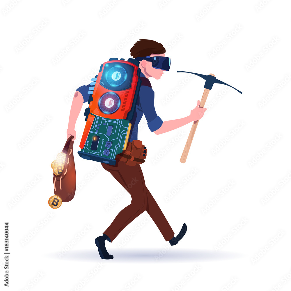 Poster man holding pickaxe isolated on white background bitcoin mining concept digital money crypto currenc