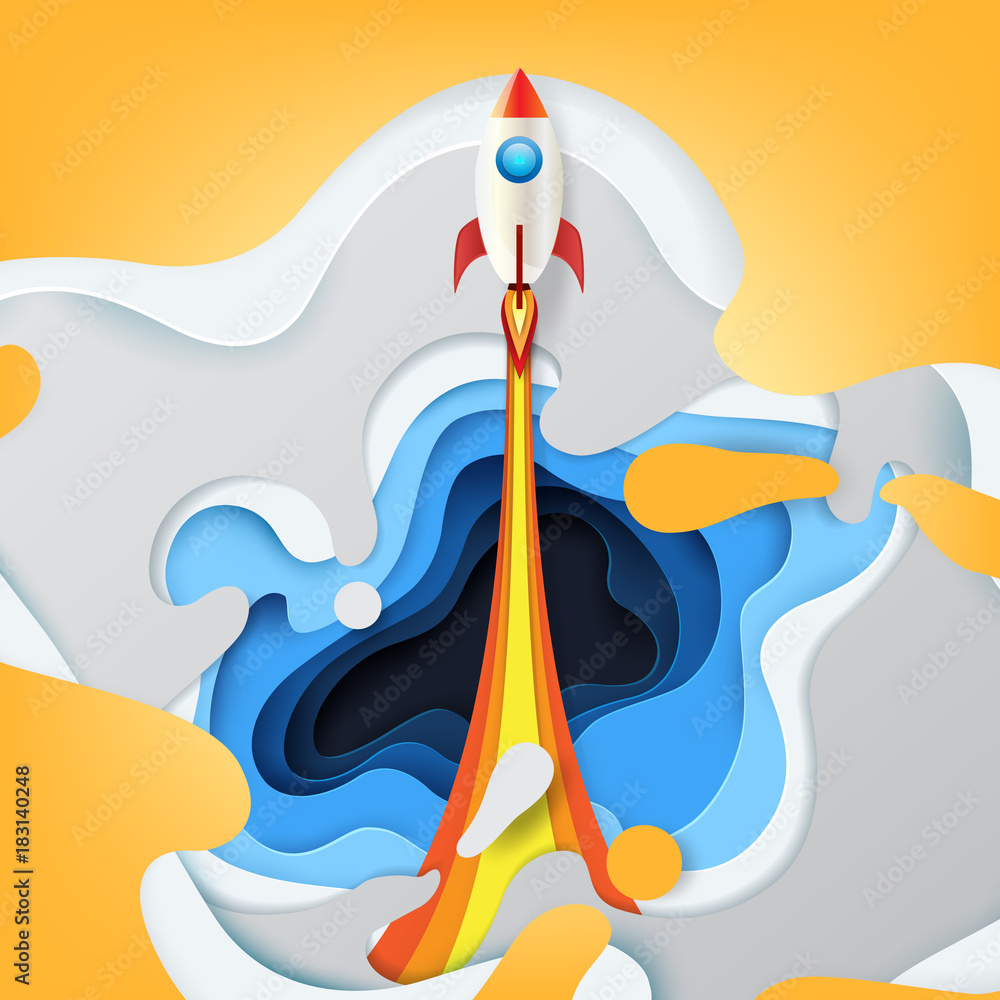 Poster business startup concept.rocket ship launch icon business strategy concept with paper art style.vect