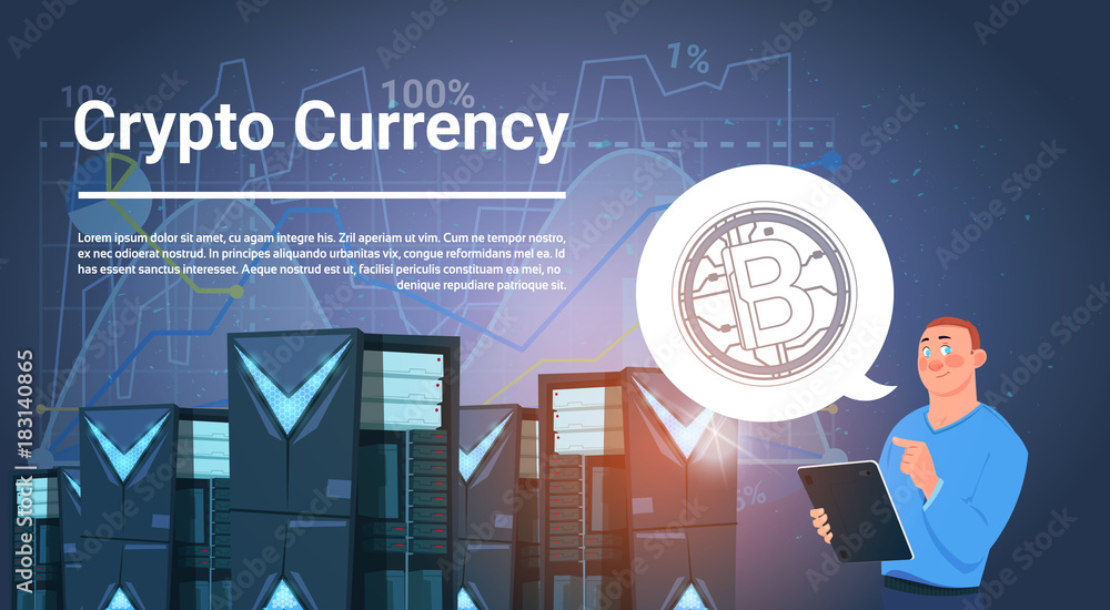 Aufkleber man in data center bitcoin mining farm digital crypto currency modern web money concept vector illus