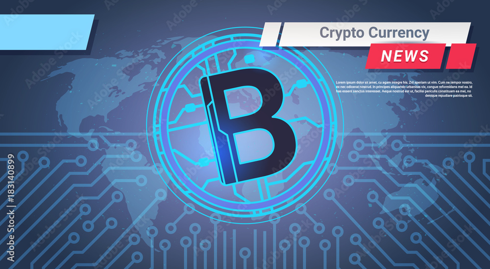 Aufkleber news report of crypto currency bitcoin over world map on circuit background digital web money concep