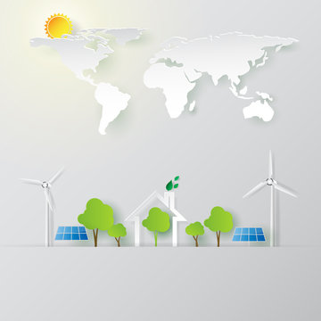 Eco friendly concept paper art style.Renewable energy for environment conservation and save the world.Vector illustration.