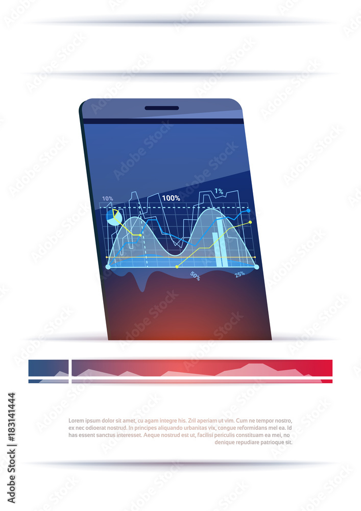 Poster modern smart phone with graphs and charts template banner place for text flat vector illustration