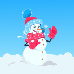 Cute Girl Snowman Wearing Winter Hat And Scarf Happy Smiling Flat Vector Illustration
