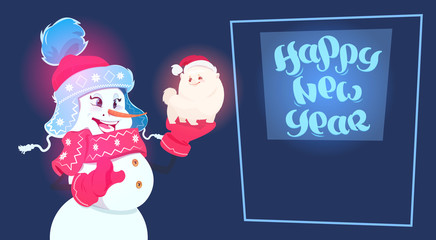 New Year 2018 Decoration Snowman Hold Cute Dog Symbol Of Holiday Greeting Card Flat Vector Illustration