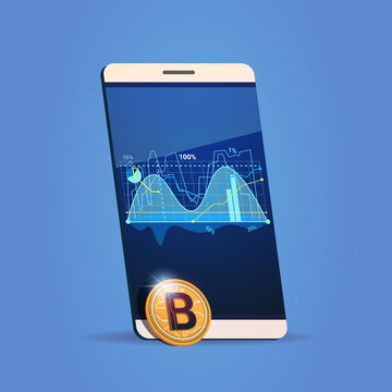 Cell Smart Phone Charts And Graph Bitcoin Icon Digital Web Money Crypto Currency Concept Vector Illustration