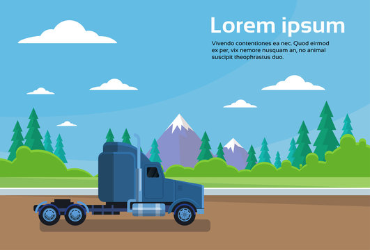 Truck Trailer Cabin On Road Over Mountains Landscape Banner With Copy Space Vector Illustration