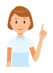 A female nurse wearing a white uniform is pointing