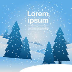 Christmas Landscape Snow Falling On Pine Trees Winter Banner With Copy Space Flat Vector Illustration