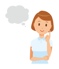 A female nurse wearing a white uniform thinks