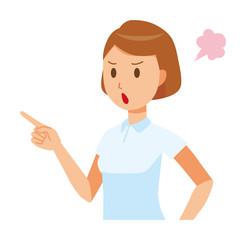 A female nurse wearing a white uniform is angrily pointing to a finger