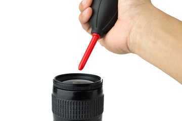 Hand hold black blower for cleaning Lens with white background isolated