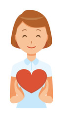 A female nurse wearing a white uniform has a heart mark