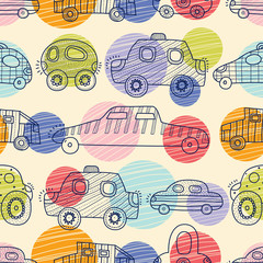 Cute cars. Kids vector seamless pattern.