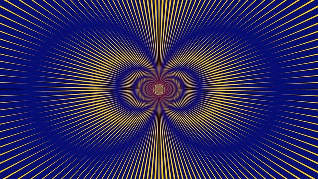 Background with color contrast. Optical spiral illusion with dynamic rotation with blue red yellow color scale. Visual magic modern effect animation. 