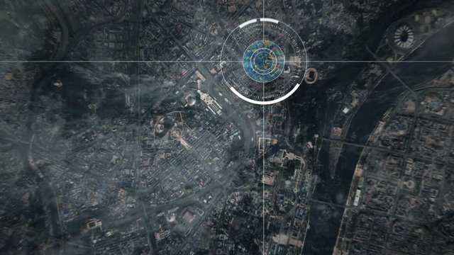 Surveillance drone camera scanning North Korea, POV of drone or satellite with HUD and heat camera monitoring Pyongyang
