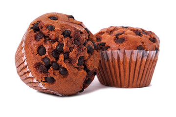 Muffin chocolate chip cup cake or cupcake two isolated on white background photo