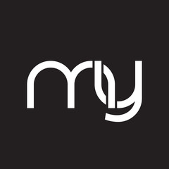 Initial lowercase letter my, overlapping circle interlock logo, white color on black background
