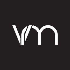 Initial lowercase letter vm, overlapping circle interlock logo, white color on black background