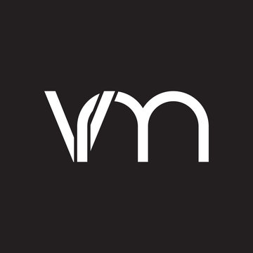 Initial lowercase letter vm, overlapping circle interlock logo, white color on black background