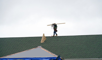 Manual roof repair worker walking on the roof carrying lumber wood
