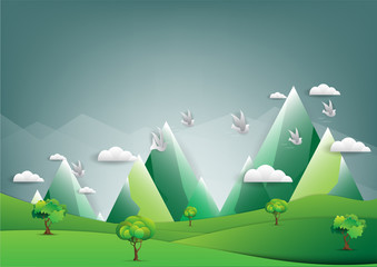abstract background, Birds on the sky with a cloud with  Mountain  , vector illustration