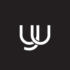 Initial lowercase letter yu, overlapping circle interlock logo, white color on black background