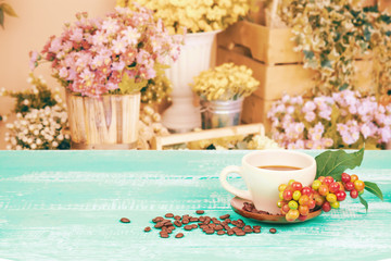 fresh coffee beans and cup of hot coffee ,concept food and drink.