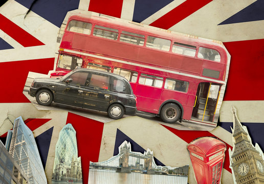 Collage of Big Ben, London Bus, Tower Bridge and The City of London