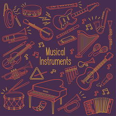 Naklejka premium Doodle musical instruments in neon color