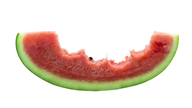 Eating slice of watermelon stop motion isolated on white background