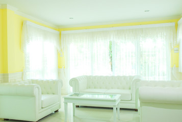 design of white living room with white furniture