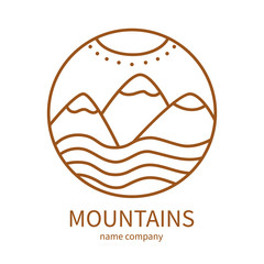 Linear icon of landscape with mountains and sun in circle. Vector logo business emblems. logo for a travel, farming and ecology concepts, health and nature.