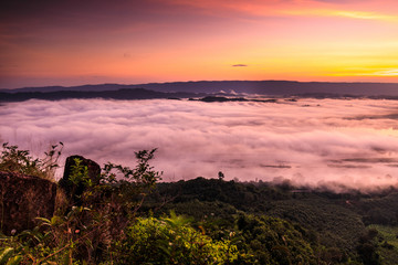 Phu Pha Dak, Landscape sea of mist on Mekong river in border  of  Thailand and Laos, Nongkhai province Thailand.