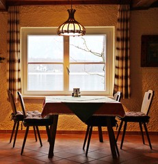 Romantic dining room / Simple lake view dining room taken in winter season