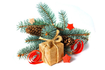 Gift, fir and cones isolated on white background. New Year's and Christmas