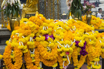 The Golden four-faced Brahma Shrine Phra Phrom at Erawan Temple in Bangkok Thailand.