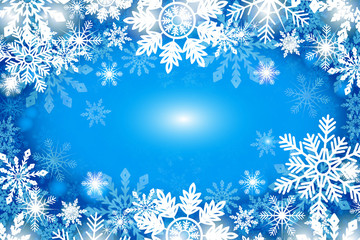 Fototapeta premium Blue snowy background white snowflakes. Winter holidays and Christmas vector illustration with white snowflakes.