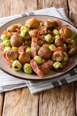 Homemade salad of roasted chestnuts, brussels sprouts and bacon closeup. vertical