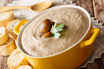 Freshly prepared cream chestnut soup with toasted bread closeup in a pot. horizontal