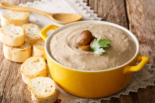 Delicious chestnut soup close-up in a pot and croutons. horizontal