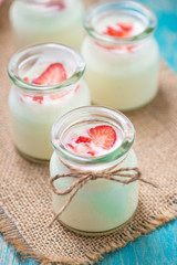 Strawberry Yoghurt. Healthy food with Strawberries and yoghurt breakfast on table.