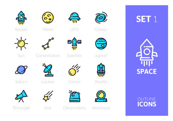 Outline color icons set in thin modern design style