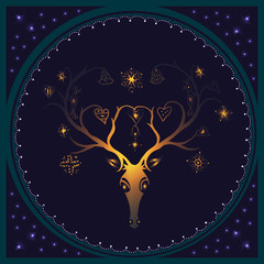 Colorful illustration of deer in round frame with stars. Head of deer in round frame. Vector silhouette of deer head with ornaments on its antlers. New Year and Christmas greeting card.