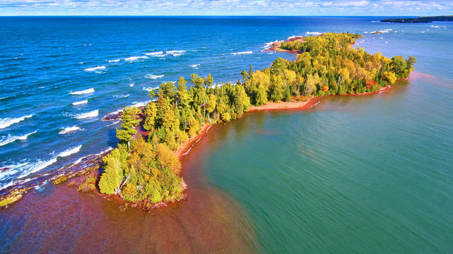 Lake Superior Coastline Rocks Waves Fall Forest Aerial