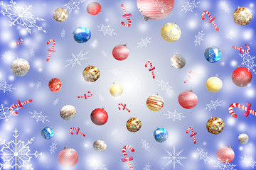 красивая иллюстрация новогоднего фона с елочными игрушкой и конфетой  на цветном фоне      