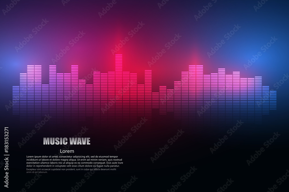 Poster sound waves oscillating glow light, abstract technology background - vector